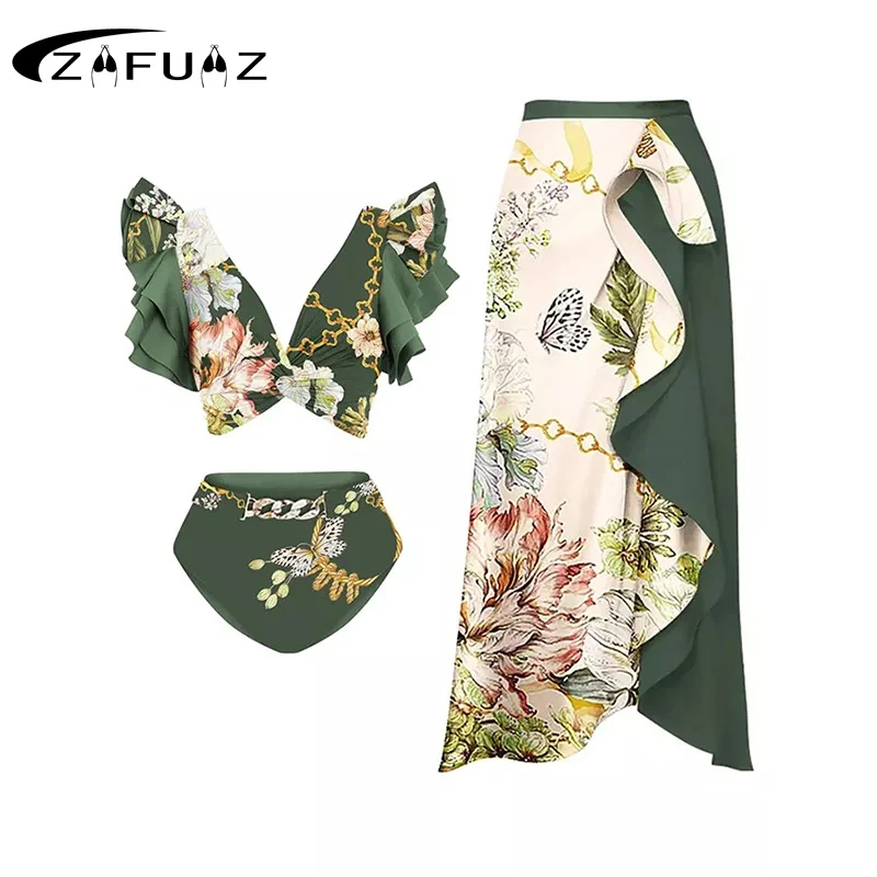 

Женский купальник 2023, комплект бикини, купальник, накидка с глубоким V-образным вырезом, цельный костюм, летняя пляжная одежда с оборками, монокини, купальный костюм, платье