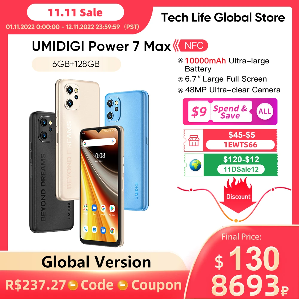 Ceny UMIDIGI Power 7 Max NFC Android 11 Smartphone 10000mAh Unisoc T610 6GB 128GB 6.7