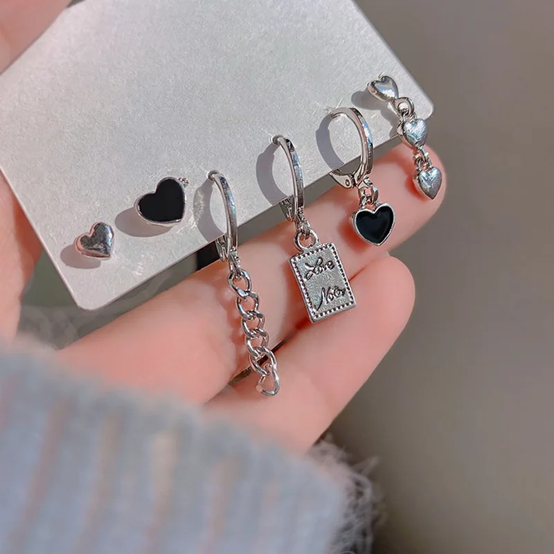 

Korean Style Silvery Heart Shape Earrings for Women Fashion Cute Resin Heart Ear Studs Aasymmetrical Chain Drop Earrings Set