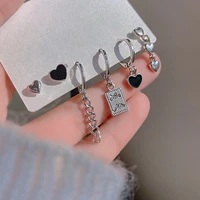 korean style silvery heart shape earrings for women fashion cute resin heart ear studs aasymmetrical chain drop earrings set