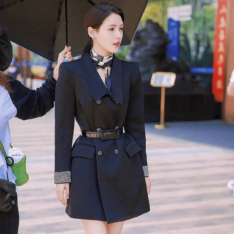 

SuperAen 2022 Suit Women's Autumn Winter V-neck Full Waist Slimming Fashion Office Lady Black Dresses