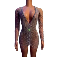 sexy hollow out shining rhinestones chain backless women dress nightclub party bar dj cloth stage singer dance costume