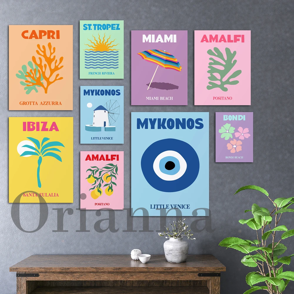 

Mykonos Ibiza Miami Bondi Capri Amalfi Sonoxaw Cancun Colourful Retro Travel Poster Summer Travel Print Wall Art Home Decor Gift