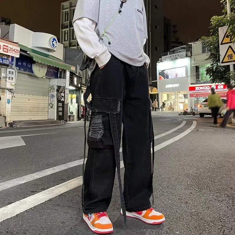 Blue Black Pocket Cargo Jeans Men Fashion Casual Wide Leg Jeans Mens Streetwear Loose Hip Hop Straight Hole Denim Pants Men