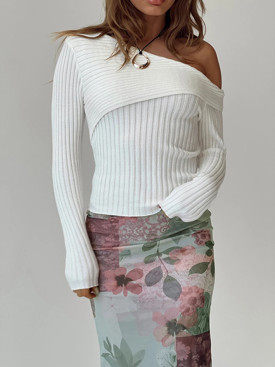 

Женский укороченный вязаный свитер, однотонный облегающий пуловер с косым открытым плечом и длинным рукавом, уличная одежда на весну и осень