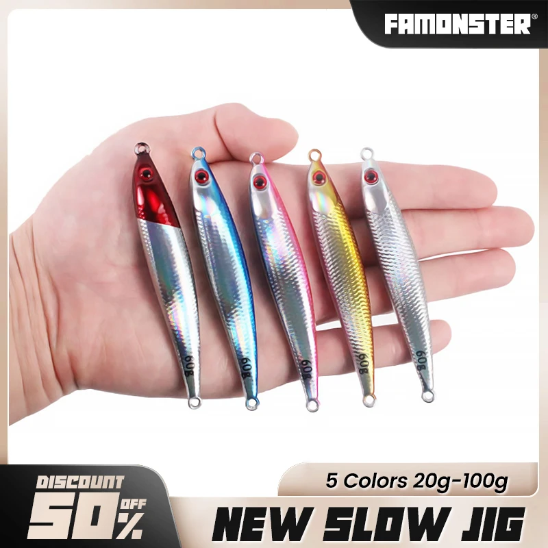 

FAMONSTER Metal Slow Jig Fishing Hard Artificial Bionics Bait Casting Jigging Spoon Boat Print Laser Tuna Bass Jig Winter