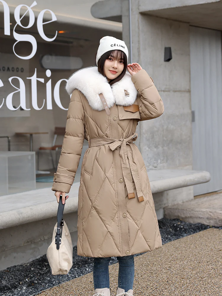 MEILLY DOLPHIN New Cotton Padded Quilted Women Winter Coat Clothes Big Fur Collar Snow Parkas Long Warm Puffer Jacket With Belt
