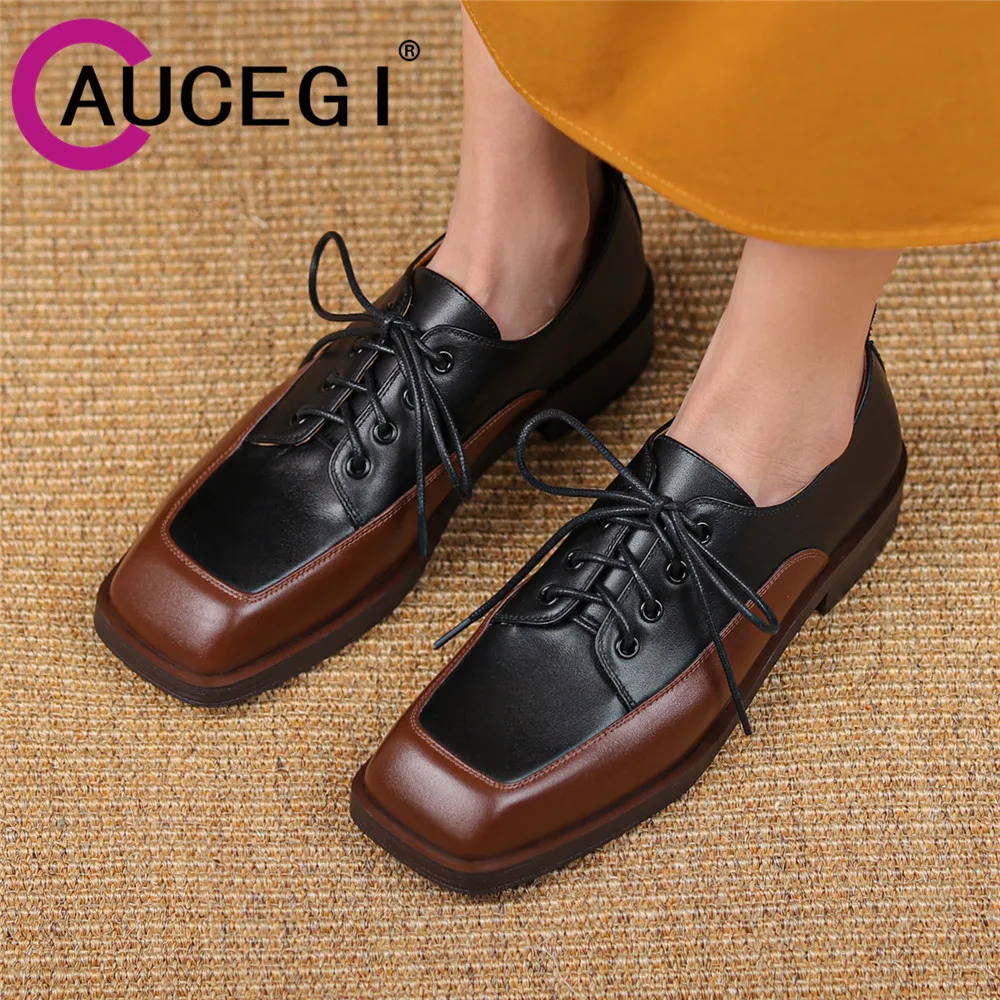 Aucegi Retro Women Loafers Mixed Color Square Toe Mid Heel Patchwork Fashion Genuine Leather Lace Up Female Shoes Size 34-40