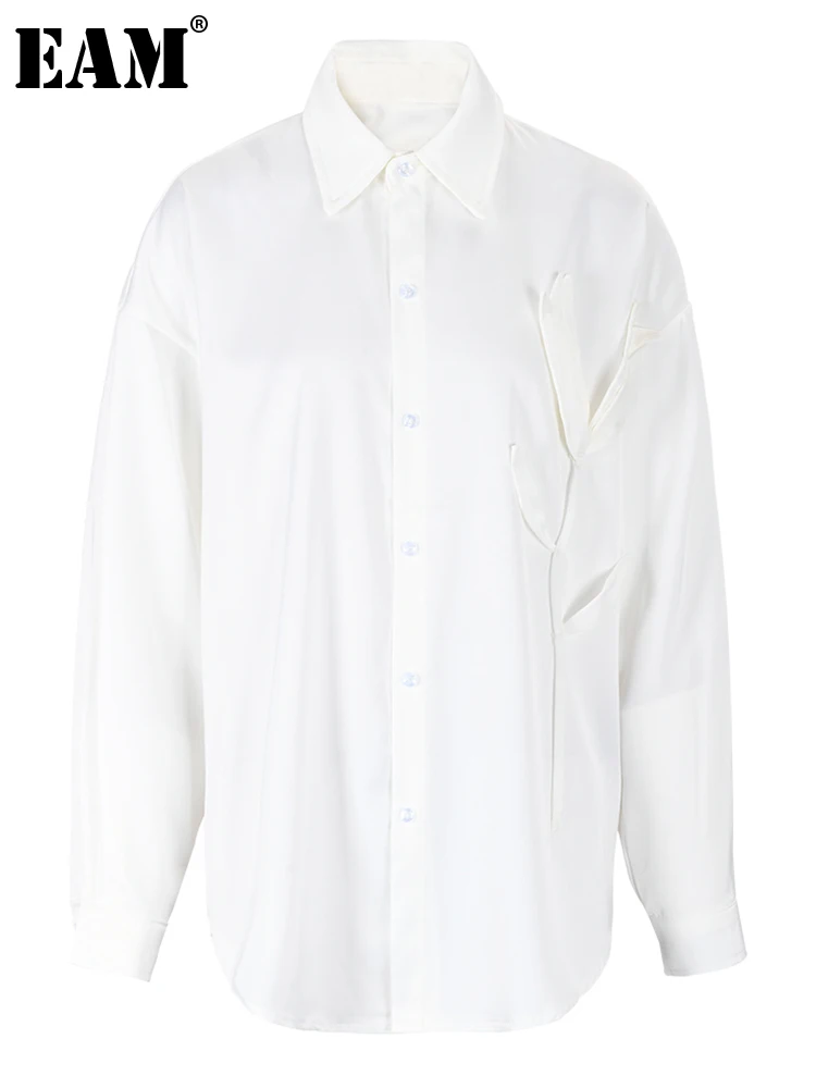 

[EAM] Women White Flower Big Size Elegant Blouse New Lapel Long Sleeve Loose Fit Shirt Fashion Tide Spring Autumn 2023 CPG0518