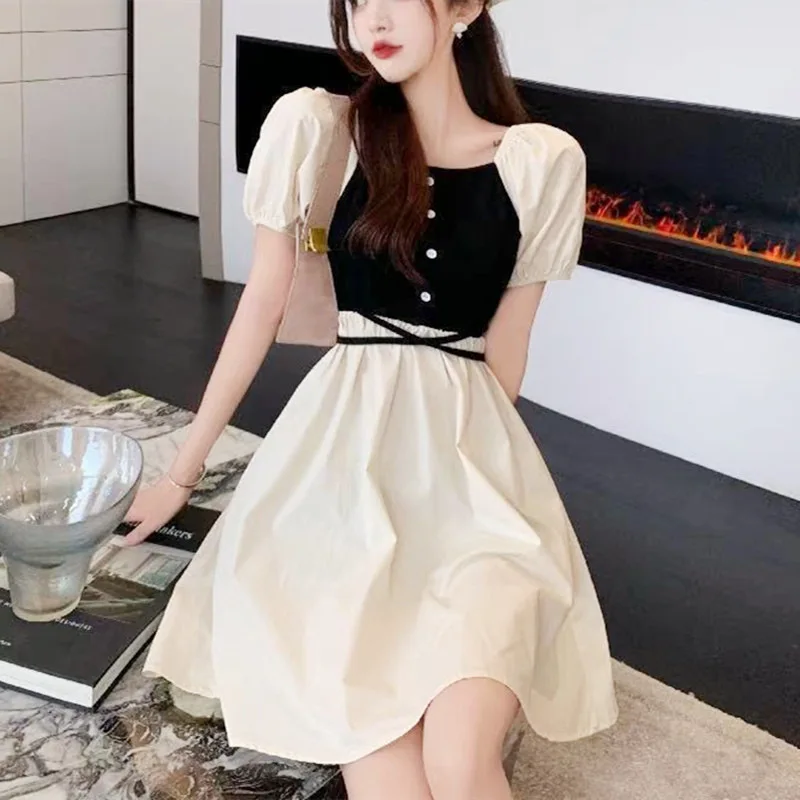 

Women's Korean Style Bandage Elegant Dress Summer One-shoulder Stitching Contrast Color Puff Sleeve Princess Dress Vestidos New