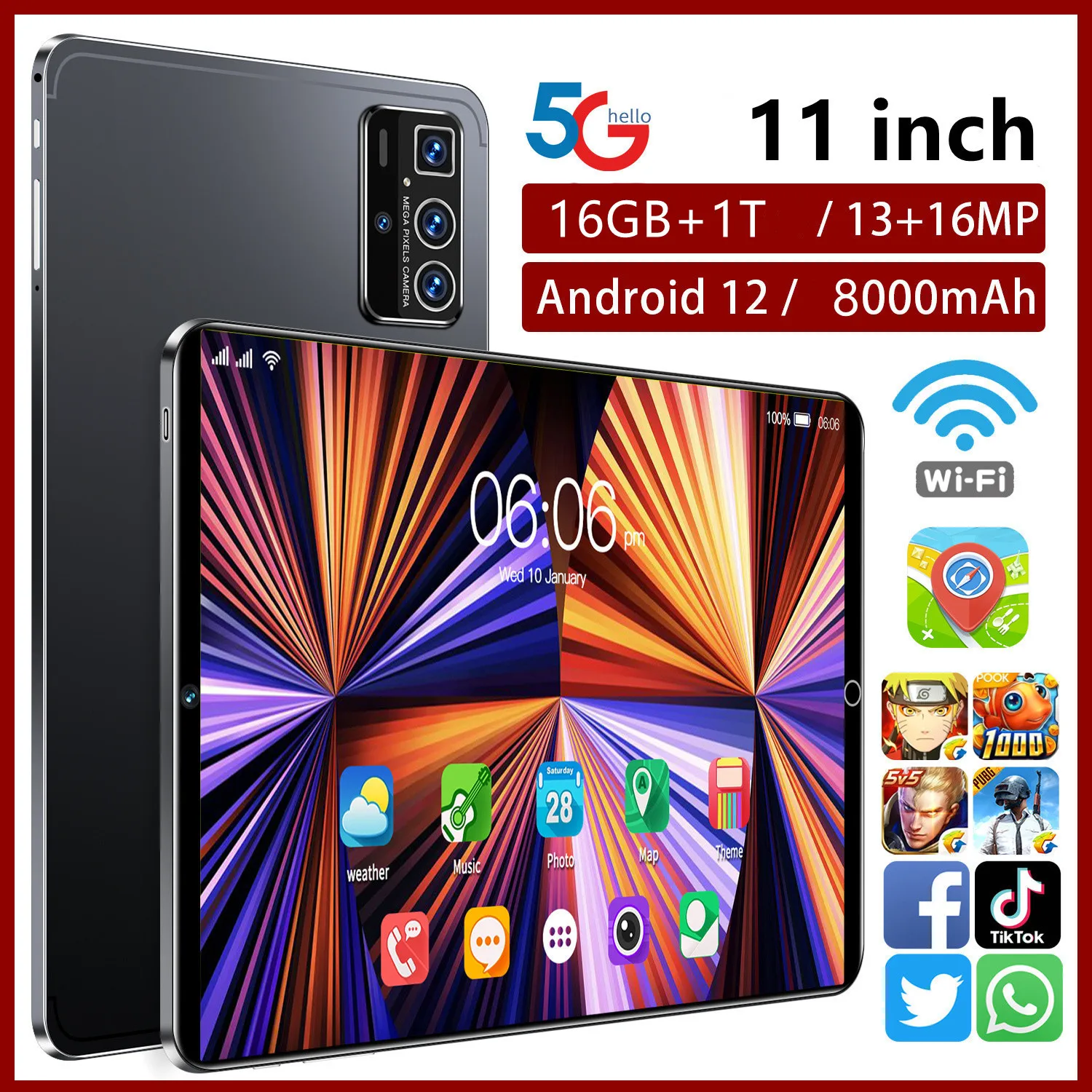 2023 Versione Globale Nuovo Tablet 11.0 Pollici Deca Core Android 12 Google Play 16Gb Ram + 1T Rom Dual Sim 5G Wifi 8000Mah Tablet