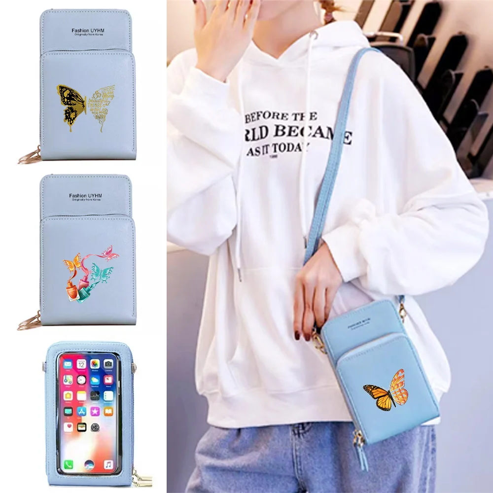 Купи Fashion Women Wallets Touch Screen Mobile Phone Bag Leather Card Pack Butterfly Print Zipper Storage Purse Female Crossbody Bags за 467 рублей в магазине AliExpress