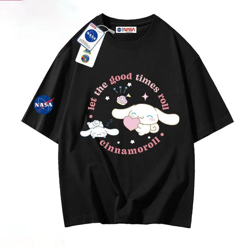 

Kawaii Sanrioed летняя хлопковая Футболка Cinnamoroll парная Милая мультяшная свободная футболка с круглым вырезом и принтом с короткими рукавами одежда для девушки