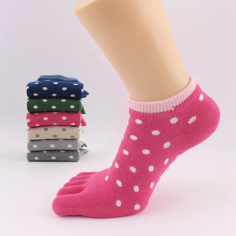 

5 Pairs Woman Girl No Show Five Finger Boat Socks Pure Cotton Colorful Dots Cute Young Women Casual Ankle Socks with Toes Sokken