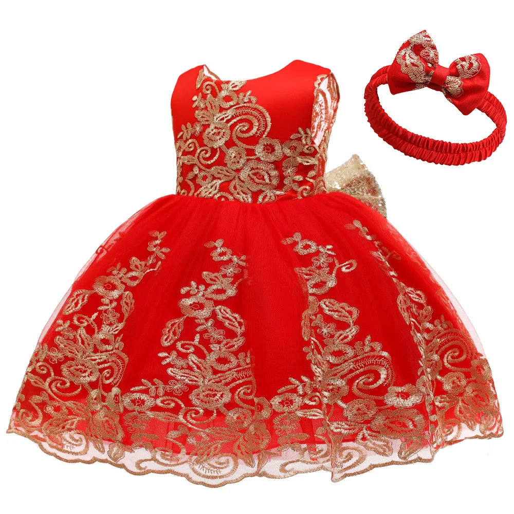 

For 0-7 Years Baby Girls Princess Dress Bow Gold Embroidery Sleeveless Ball Gown + Headband Suit Children's Clothings Tutu Skirt