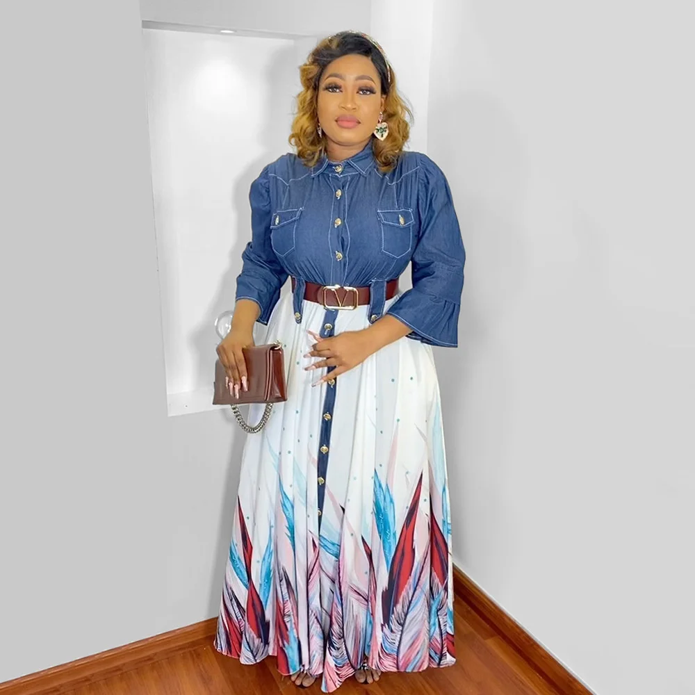 

Autumn Maxi Dress African Office Ladies Ovesized Loose Casual High Waist A Line Vestidos Women Floor Length Denim Long Dresses