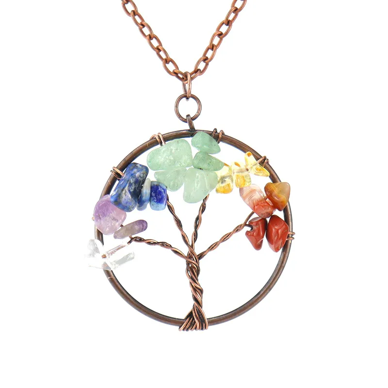 

Vintage Natural Stone Gravel Crystal Pendant Necklace for Women Tree of Life Quartz 7 Chakra Charm Sweater Chain Jewelry Gift