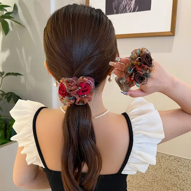 

Double Mesh Flower Hair Band Women's Rubber Band Simple Ponytail Updo Bun Hair Rope Large Scrunchies Intestine Ring