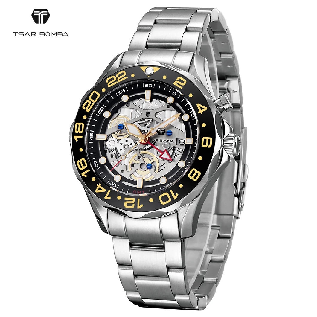 

TSAR BOMBA Men Diver Watch 200M Water Resistant Hybrid Automatic Wristwatch Stainless Steel Strap Luxury Fashion Male GMT Watch