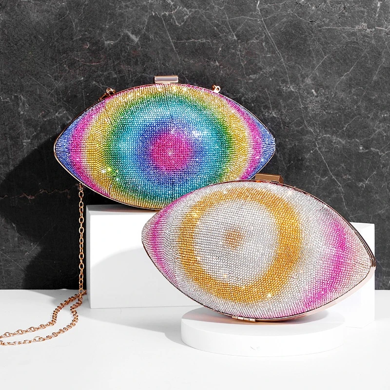

Small Luxury Evening Bag with Multicolored Artificial Diamonds Olive Shaped Shoulder Bag Banquet Ladies Dress Wallet Purses