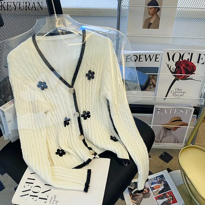 

Sweet Floral Knitted Cardigan Women Sweater Autumn Korean Style V-Neck Contrast Color Single Breasted Long Sleeved Knitwear Tops