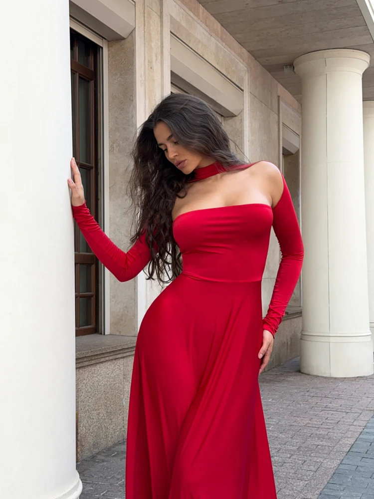 Ahagaga модные женские длинные платья однотонные тонкие открытые рукава без