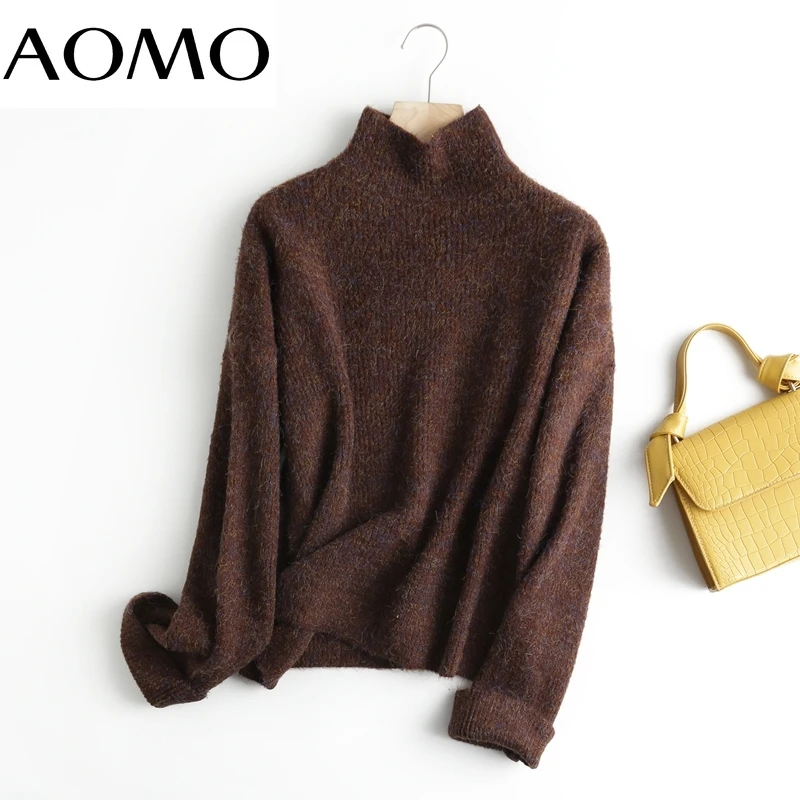 

AOMO Chic Women Oversized Turtleneck Sweater Vintage Office Ladies Knitted Jumper Tops 6D22A