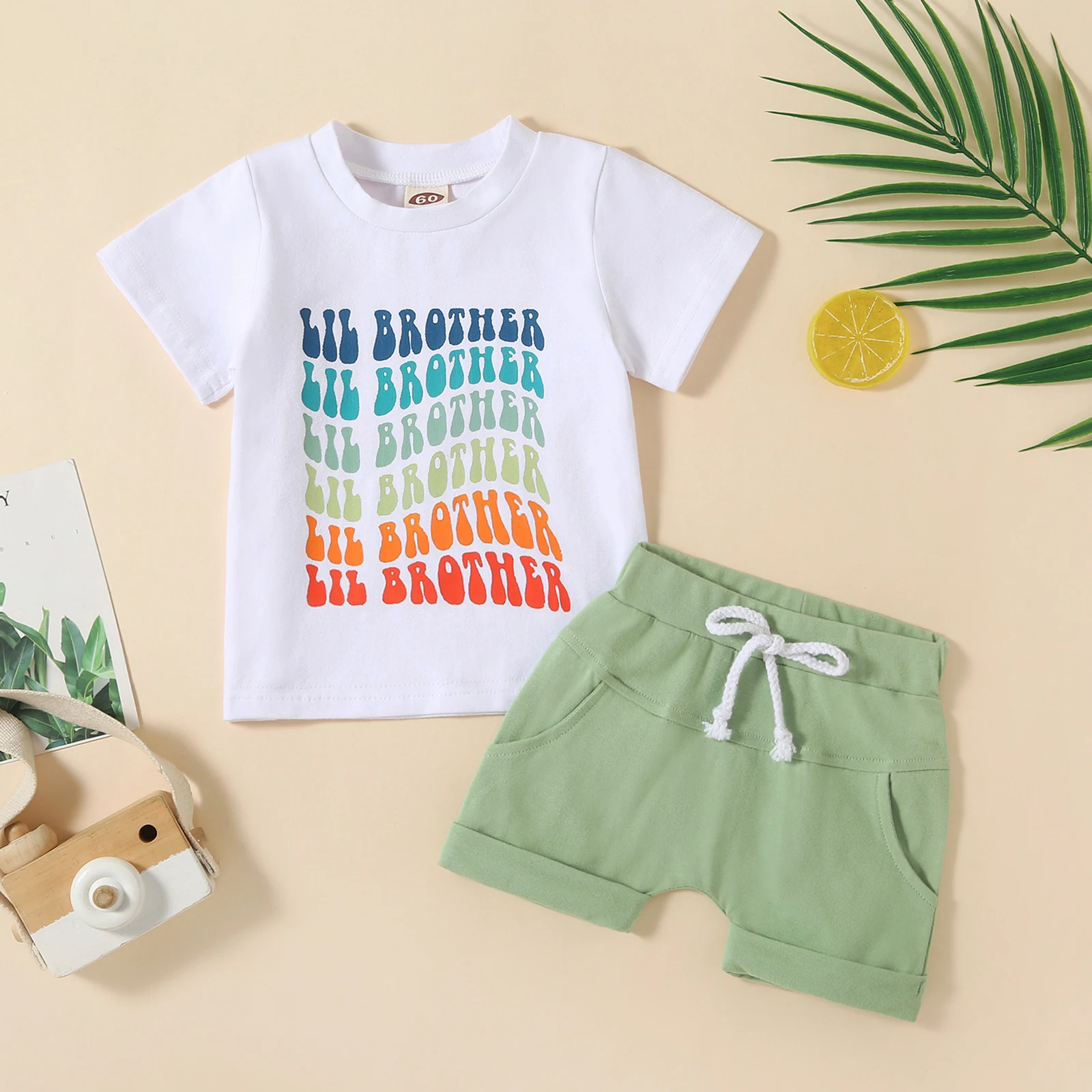 

0-2 Years Toddler Boys Summer Outfit Set White Short Sleeve Letter Print Tops + Solid Color Drawstring Shorts 2023 New Baby Sets