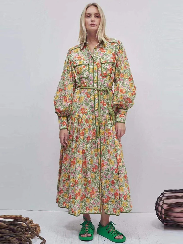 

Designer Style Retro Floral Lapel Single Breasted Cargo Pockets Tie Waist Dress Ladies Summer New Fashion Loose Swing Puff Skirt