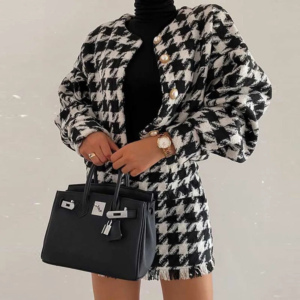 Houndstooth 2 Piece Set Cardigan and Skirt Fashion 2 Piece Outfits for Women Skirt and Top Sexy Two Piece Outfits