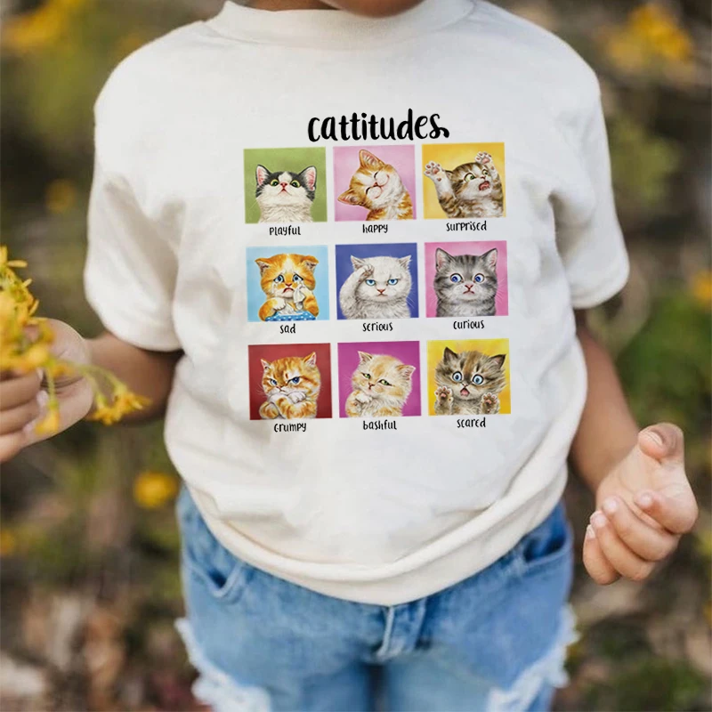 

2022 Summer Fashion Cartoon T-Shirt Boys Girls Tshirts cat cattitudes Tees Child Tops Clothing Harajuku Clothes Short Sleeve