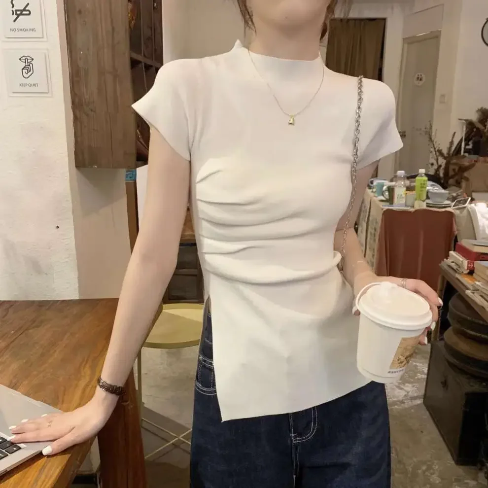 2024 белая женская летняя укороченная футболка с высоким воротником до половины