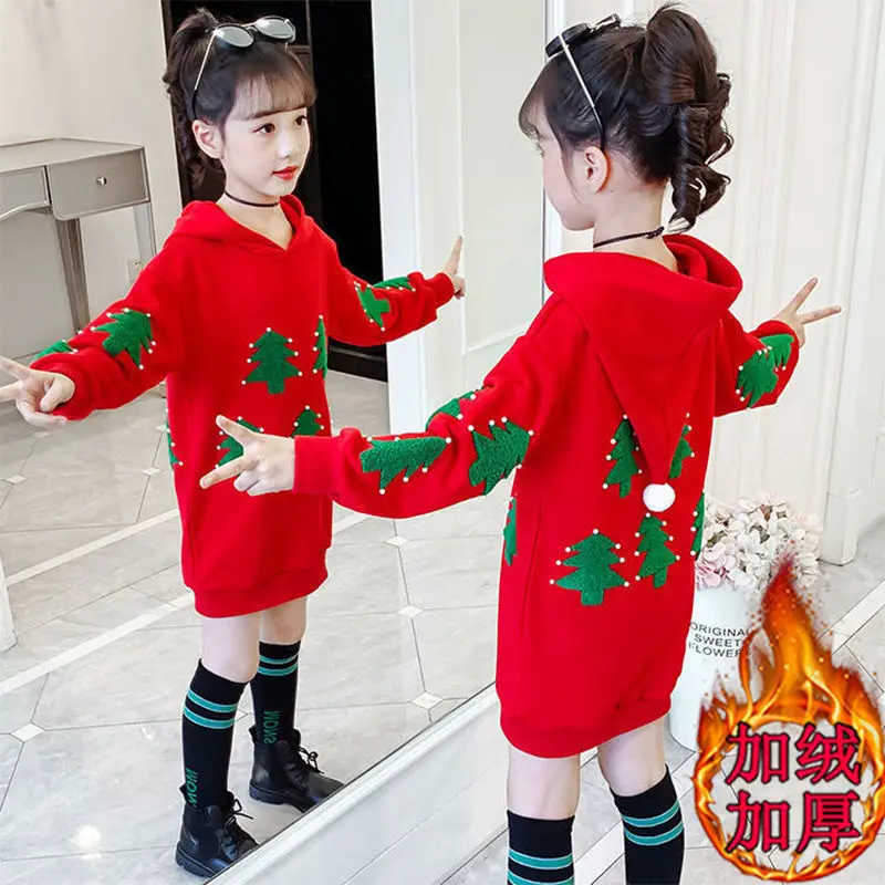

2022 Winter Kids Teenager Girls Clothes Christmas Tree Dress Plus Velvet Thick Hoodie Sweater Baby 5 6 7 8 9 10 11 12 Year