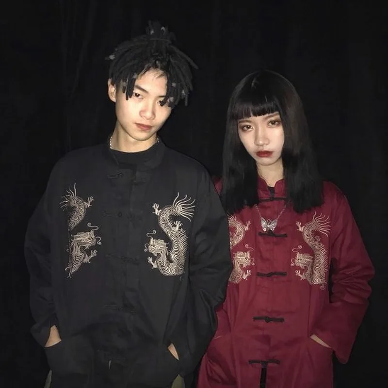 

Новинка 2023, женская и Мужская рубашка, блузка в китайском стиле с вышивкой дракона, блузки с длинным рукавом, топы, винтажные блузки с воротником-стойкой для пар