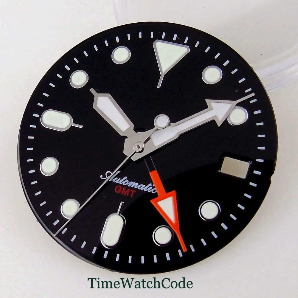 

29mm Watch Dial Face with Hands Fit NH34 GMT Automatic Movement Date Window Luminous Black Orange