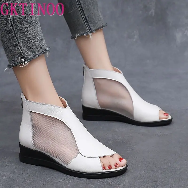 

GKTINOO 2023 Genuine Leather Mesh Open Toe Boots Summer Sandals Large Size Soft Sole Comfort Elegant Fashion Sandals for Women