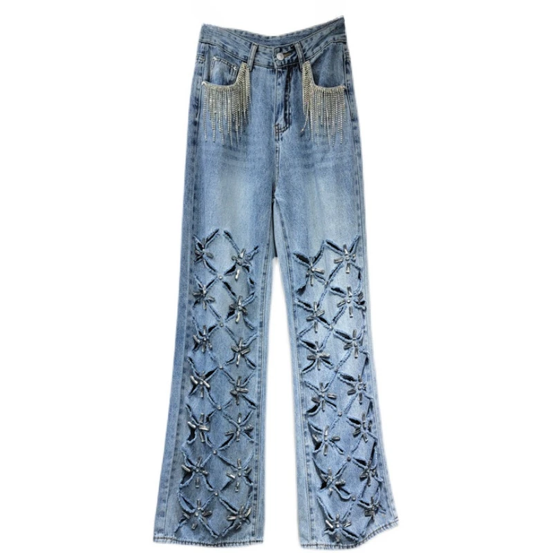 

Тяжелая промышленная цепочка бриллиантовые рваные джинсы с высокой талией для женщин Новинка 2023 универсальные свободные прямые широкие брюки в Корейском стиле