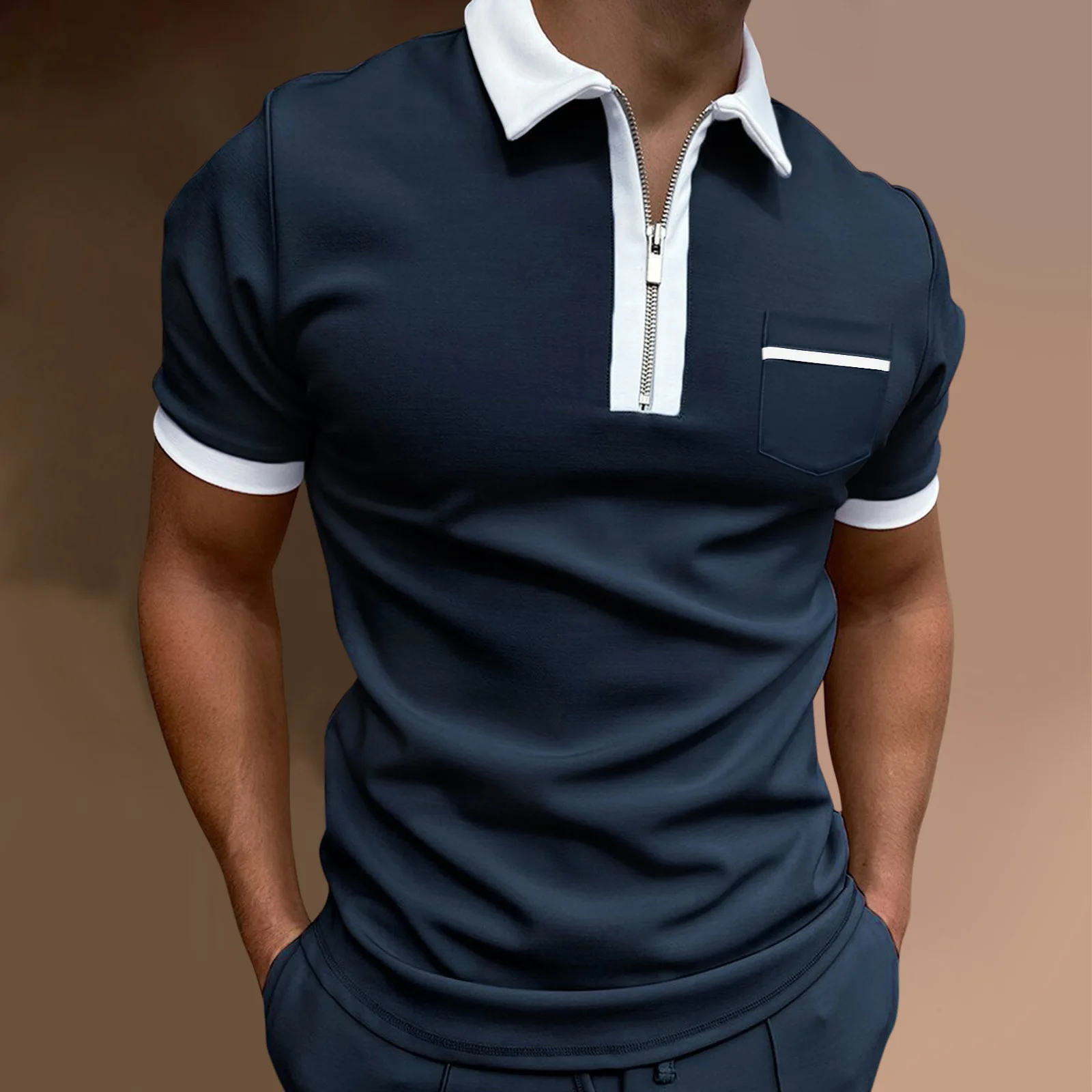 

Summer high quality cotton front zip Polo shirt men's lapel pocket fashion slim-fit short sleeve pullover