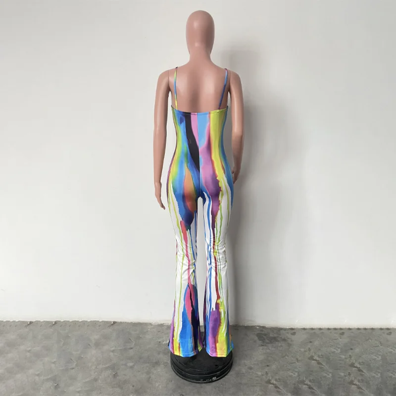 Womens Bodycon Jumpsuit Sexy Print Wide Leg Suspenders Sleeveless Elegance Playsuits Pants Rompers 2023 Summer Fashion