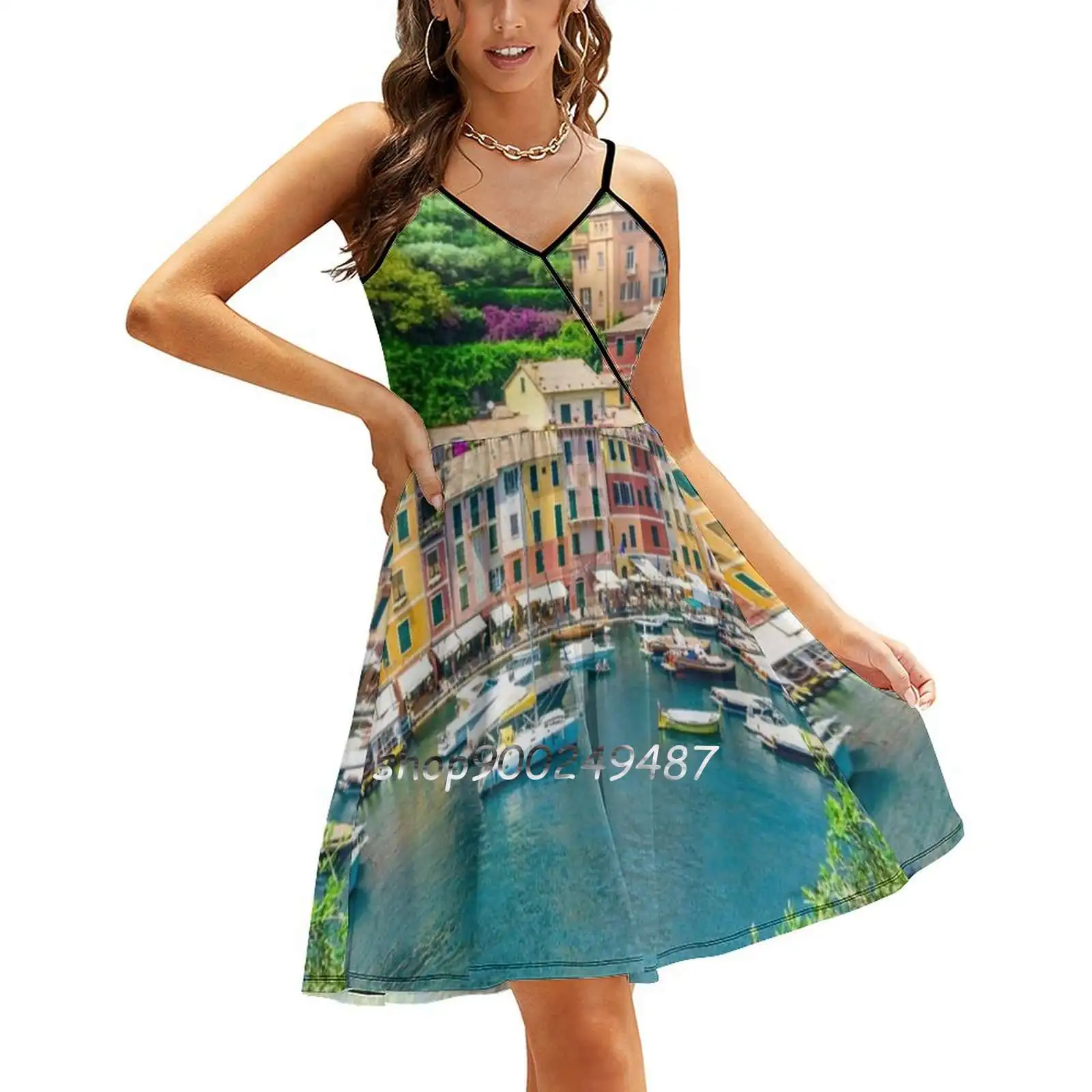 

Portofino Sling Dress Women Summer Printing Condole Belt Dresses Portofino Coast Town Seaside Travel Italy Skyline Port Yacht