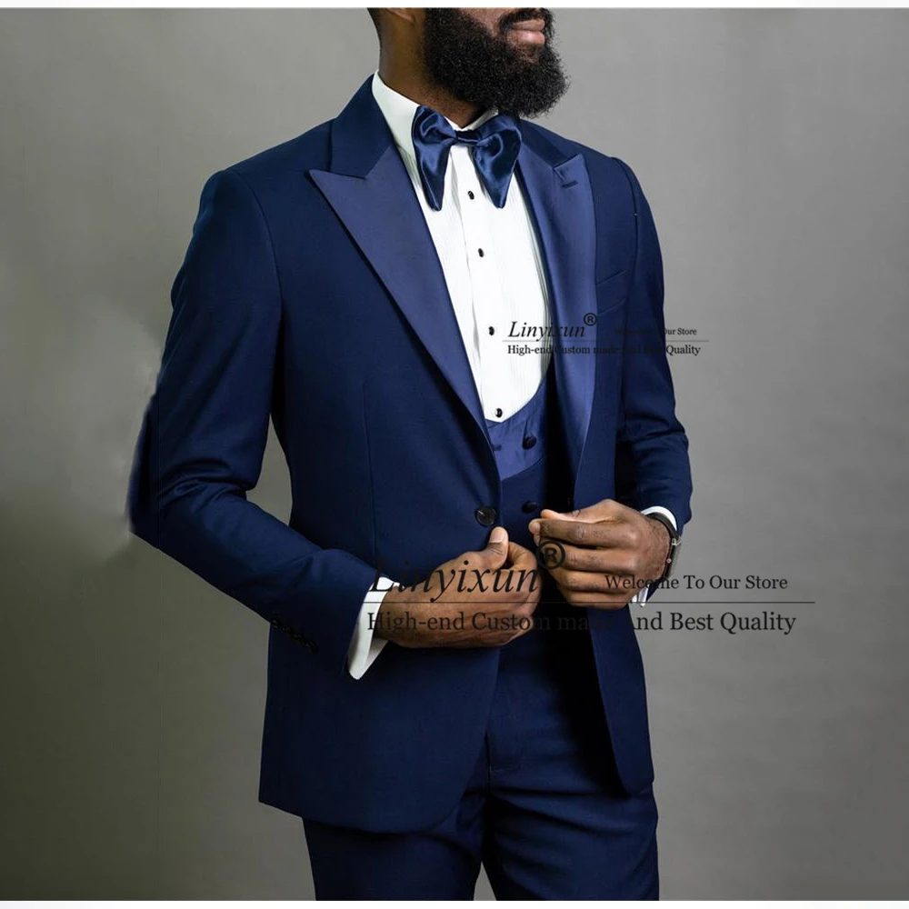 

Деловые мужские костюмы Королевского синего цвета, облегающие Свадебные смокинги для жениха, комплекты из 3 предметов, деловой Блейзер, банкетный костюм для мужчин
