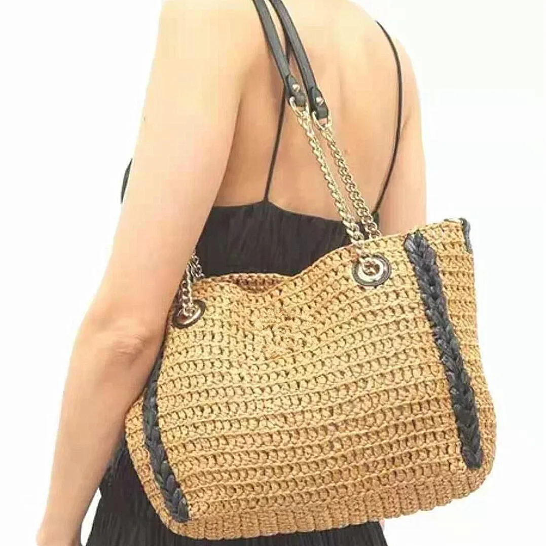 Bohemian Knitting Beach Bags for Women 2022 Hollow Woven Bag Women Straw Bags Designer Chains Rattan Shoulder Bag Bali Tote New