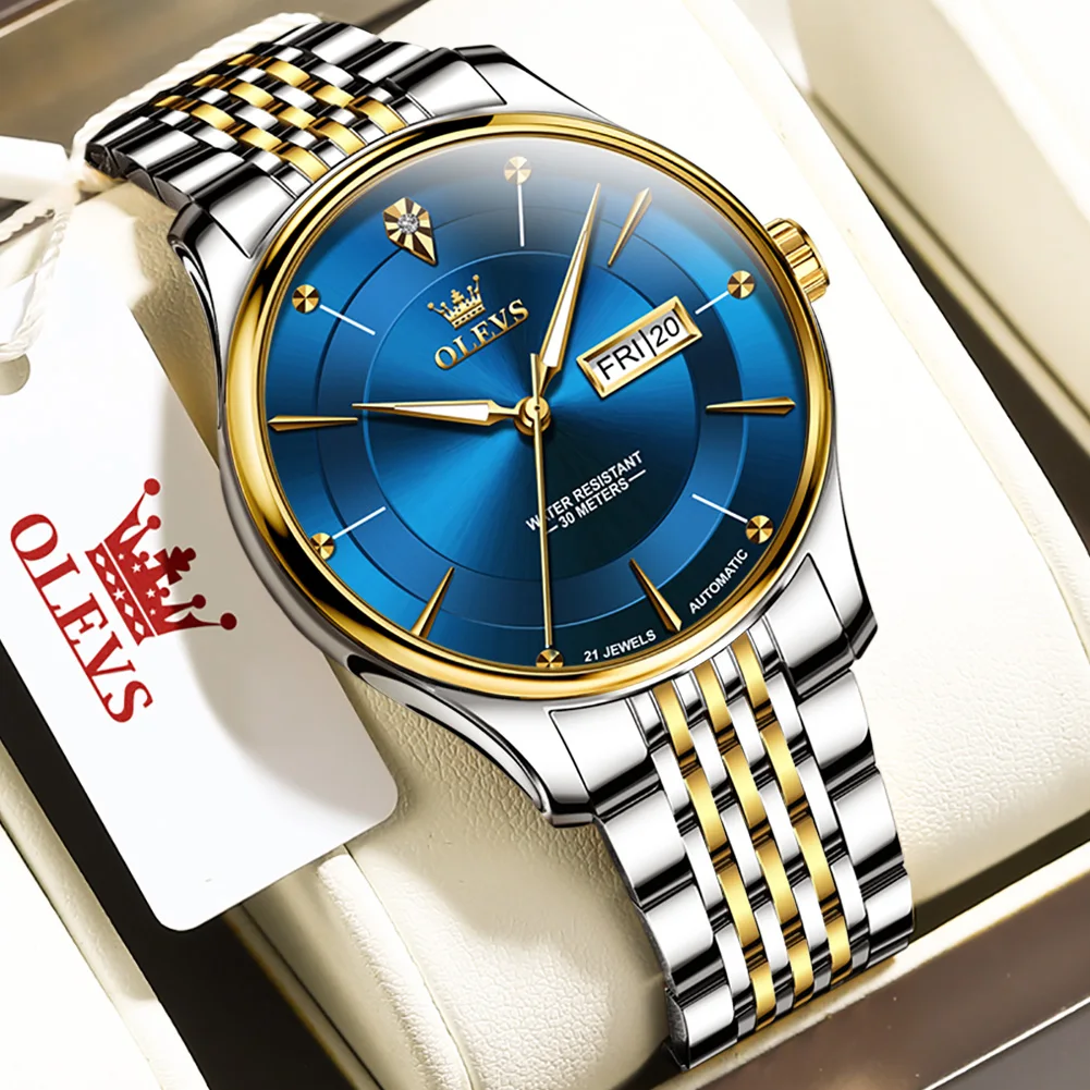 OLEVS Men Automatic Mechanical Watch Fashion Business Waterproof Watches Mens Sport Wristwatch with Week Calendar Luminous Hands enlarge