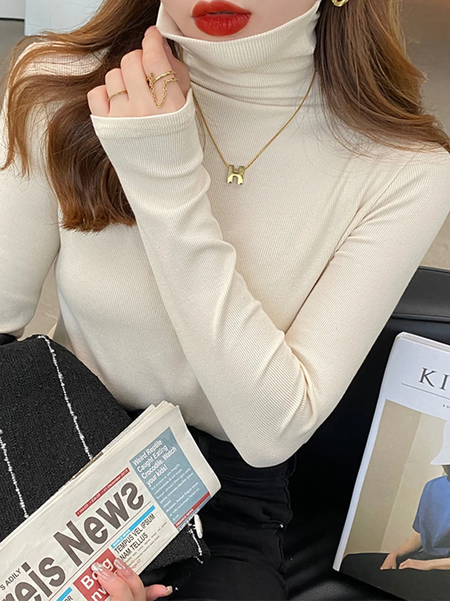 Turtleneck Shirt 2023 New Women Autumn and Winter High Sense Inner wear Pile Collar Solid Slim fit Western Sle Top |