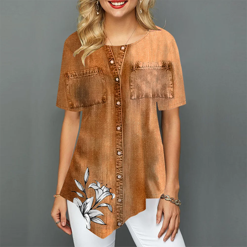 

Women's Casual T-shirt O-neck Loose Plus Size Crop Top Summer New 3D Printed Floral Pattern Tees Luxury Fashion Ladies Clothing