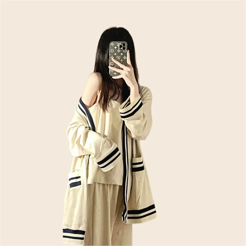 Women's Pajamas Set Sexy Stripe Sweet Princess Spring Pyjama Loose Size Mom Casual Homewear Cozy Sleepwear 3Piece/Set