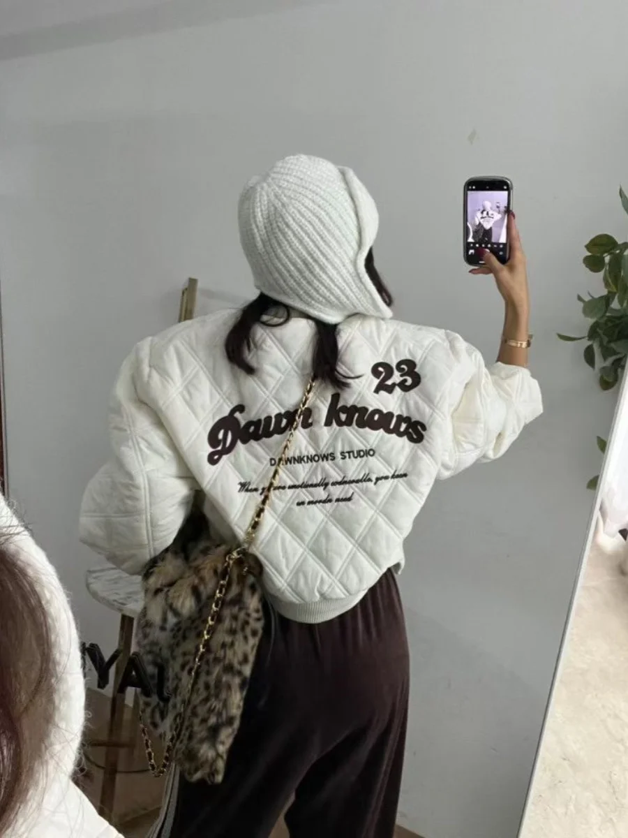 Letter Embroidery Rhombus Baseball Uniform Cotton-padded jacket Outerwear Women South korea Stand Collar Quilted Warm Age-Red...