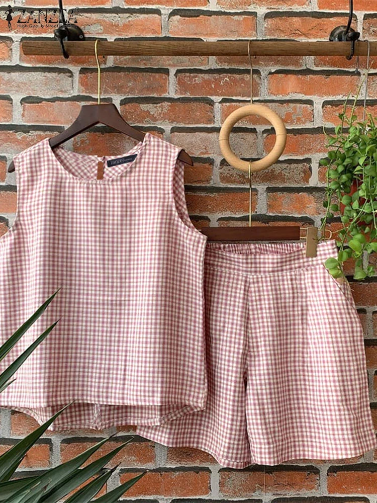 Женские короткие комплекты в клетку 2024 ZANZEA повседневные наряды на бретелях с