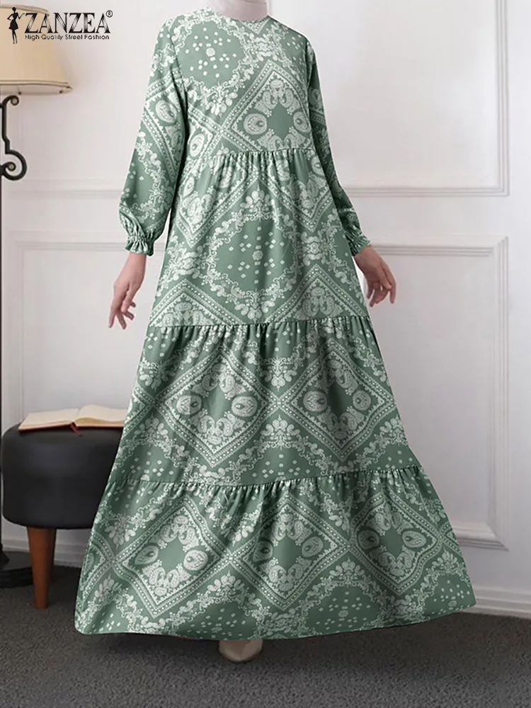 Платье ZANZEA женское с цветочным принтом, повседневный длинный сарафан с длинным рукавом и круглым вырезом, Элегантный Богемный праздничный ...