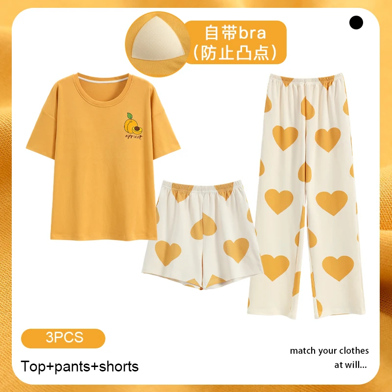 

2023 Summer Short Sleeve Long Pants Cotton Print Pajama Sets for Women Korean Cute Shorts Sleepwear Pyjama Homewear Home Clothes